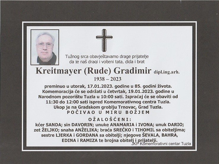 Komemoracija i ispraćaj Gradimira Kreitmayera u četvrtak, 19.1.2023.