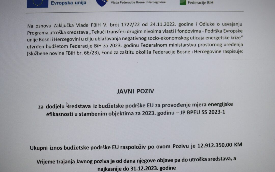 Fond za zaštitu okoliša FBiH raspisao javni poziv za provođenje mjera energijske efikasnosti u stambenim objektima