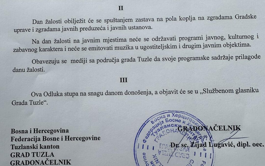 Gradonačelnik Tuzle 11. februar proglasio Danom žalosti na području grada Tuzle