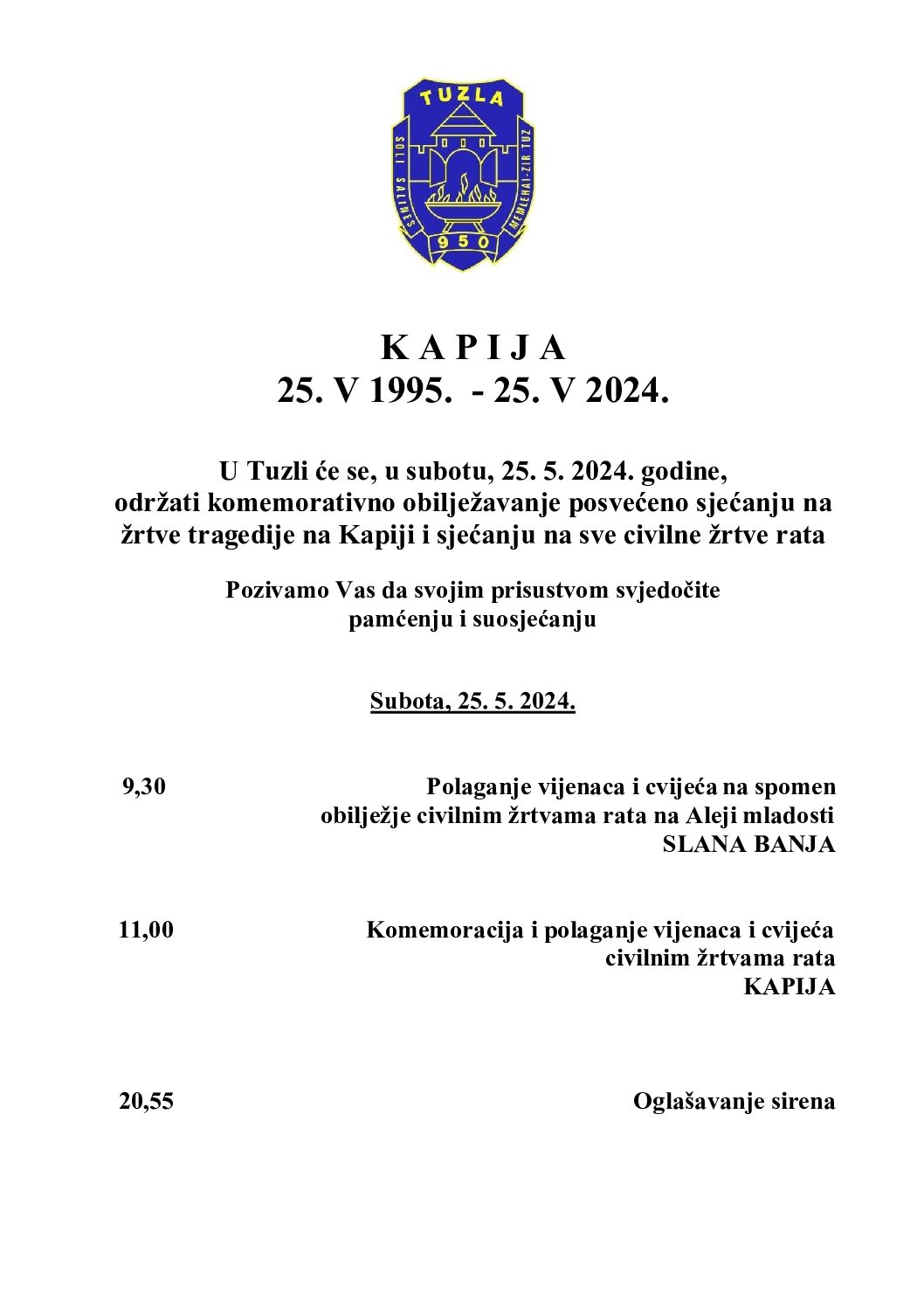 Obavještenje o komemorativnom obilježavanju 25.maja – Dana sjećanja na žrtve zločina na Kapiji i sve civilne žrtve rata