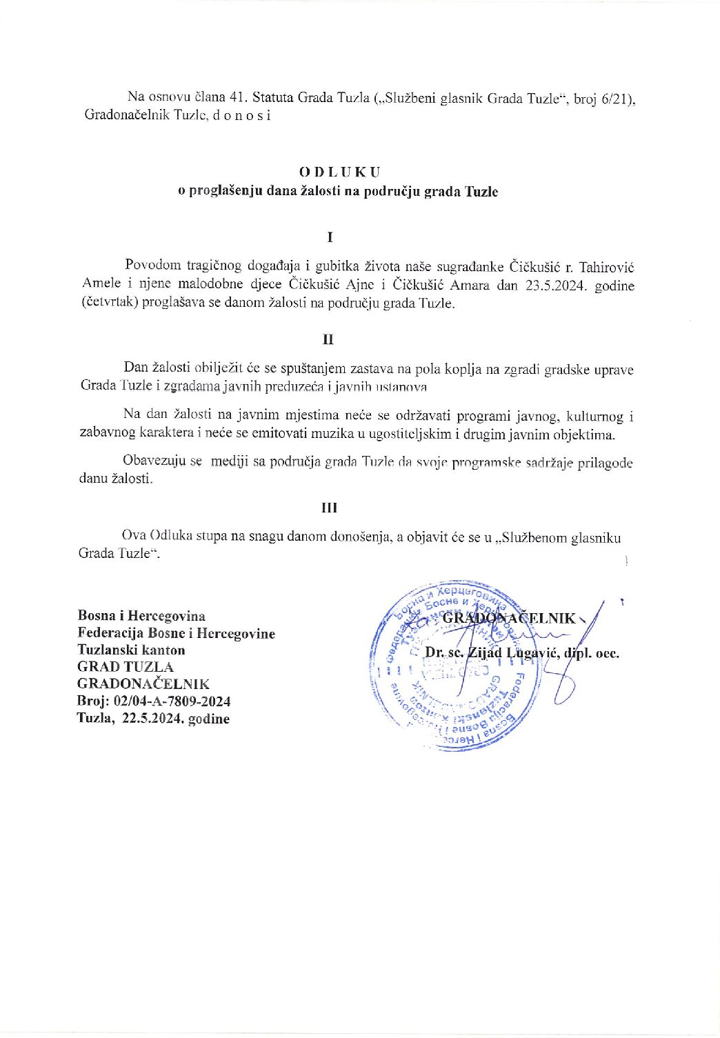 Gradonačelnik Tuzle 23. maj proglasio Danom žalosti na području grada Tuzle