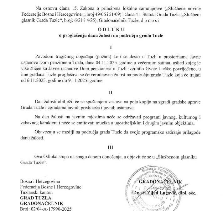 Proglašena četverodnevna žalost u Tuzli povodom tragedije u JU Dom penzionera