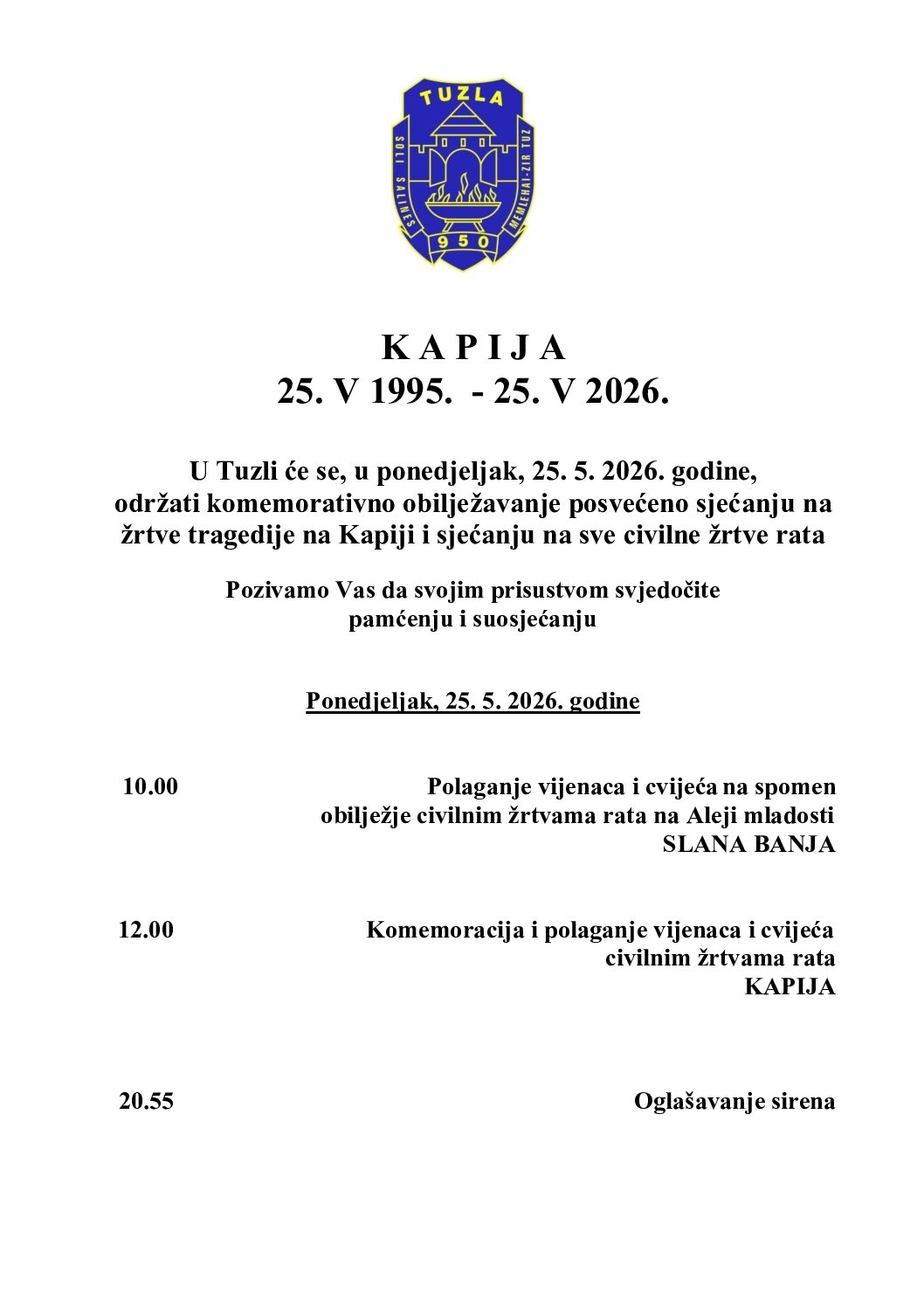 Obavještenje o komemorativnom obilježavanju 25. maja – Dana sjećanja na žrtve zločina na Kapiji i sve civilne žrtve rata